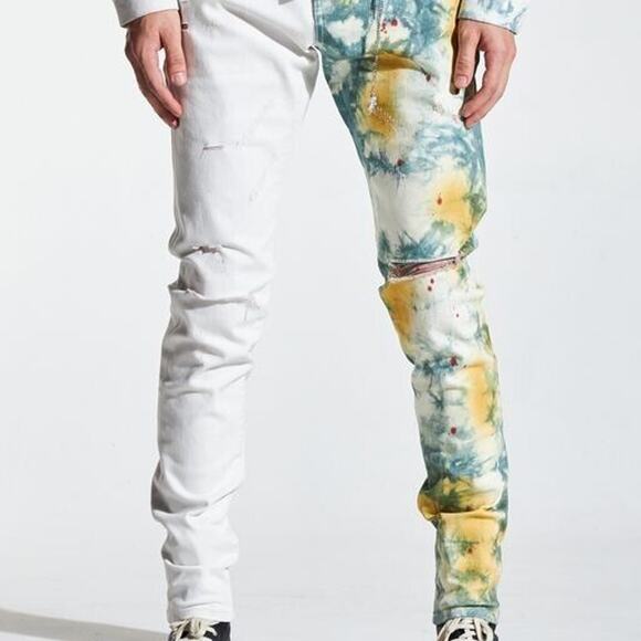 En Noir Men's Cash Green Tie Dye Rip & Repair Distressed Skinny Fit Denim Jeans